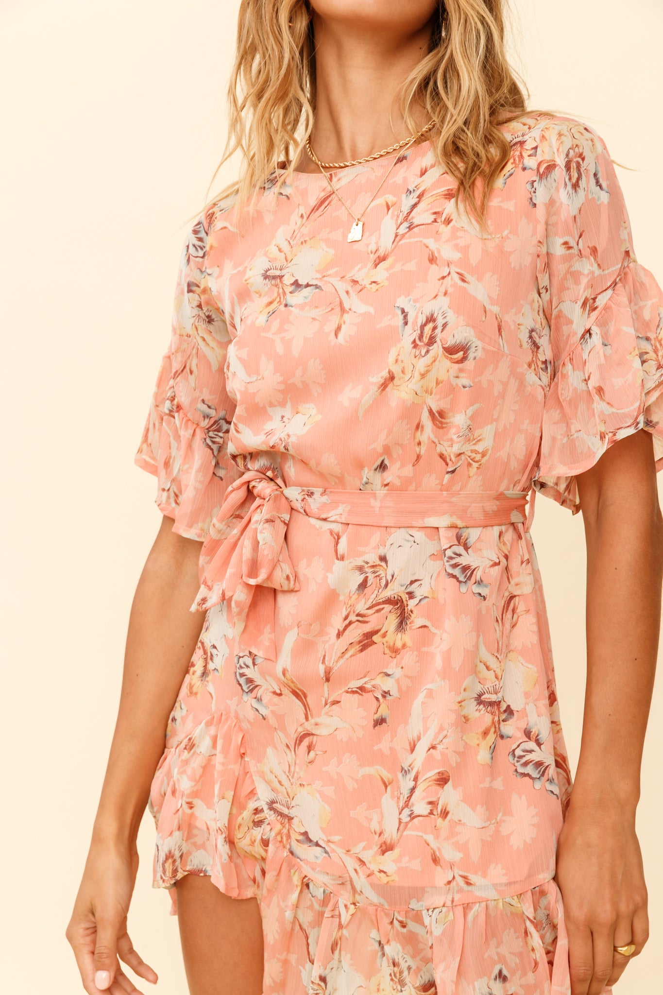 Azealia Ruffle Hem Dress Orchid Print Rose by Selfie Leslie