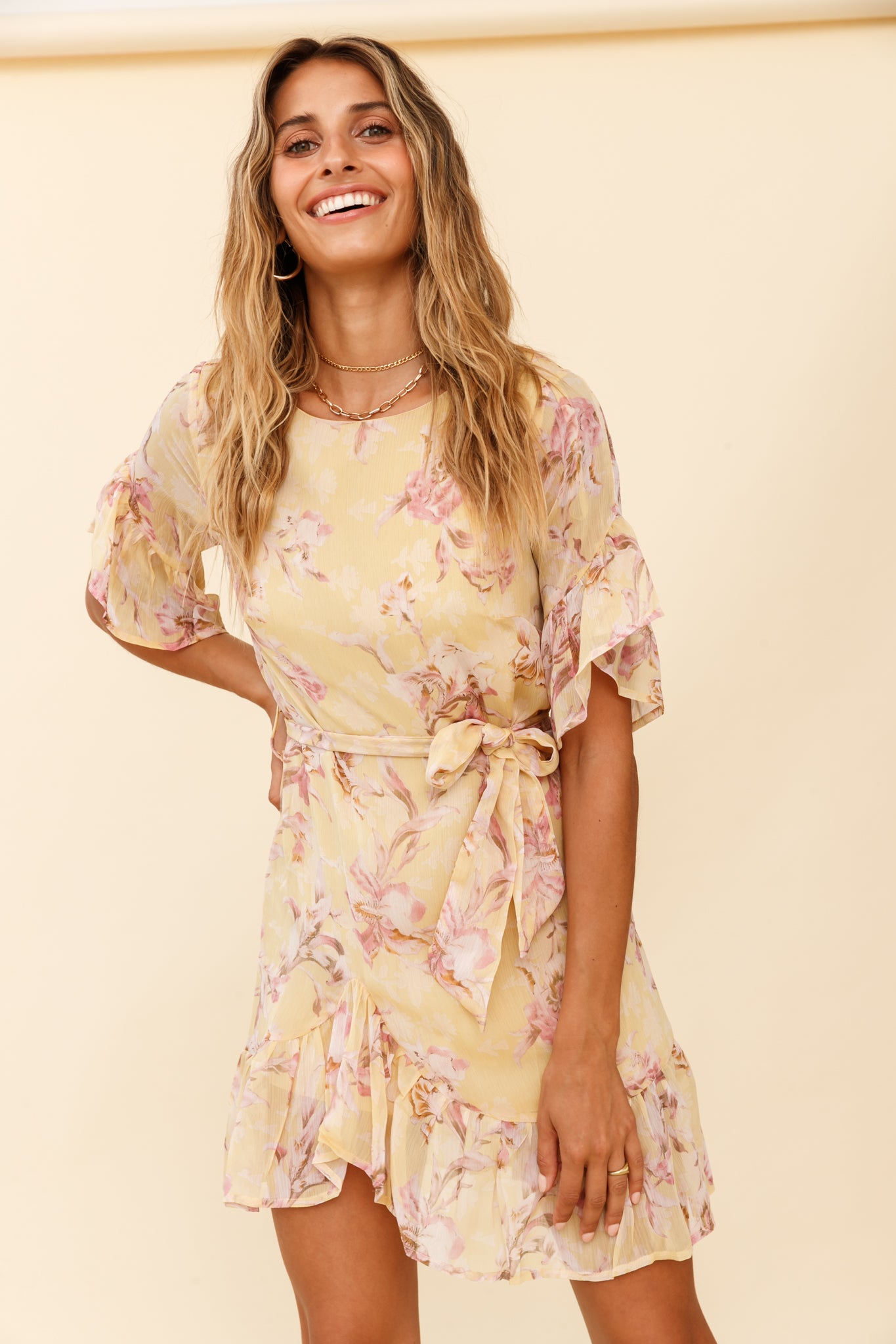 Azealia Ruffle Hem Dress Orchid Print Yellow by Selfie Leslie
