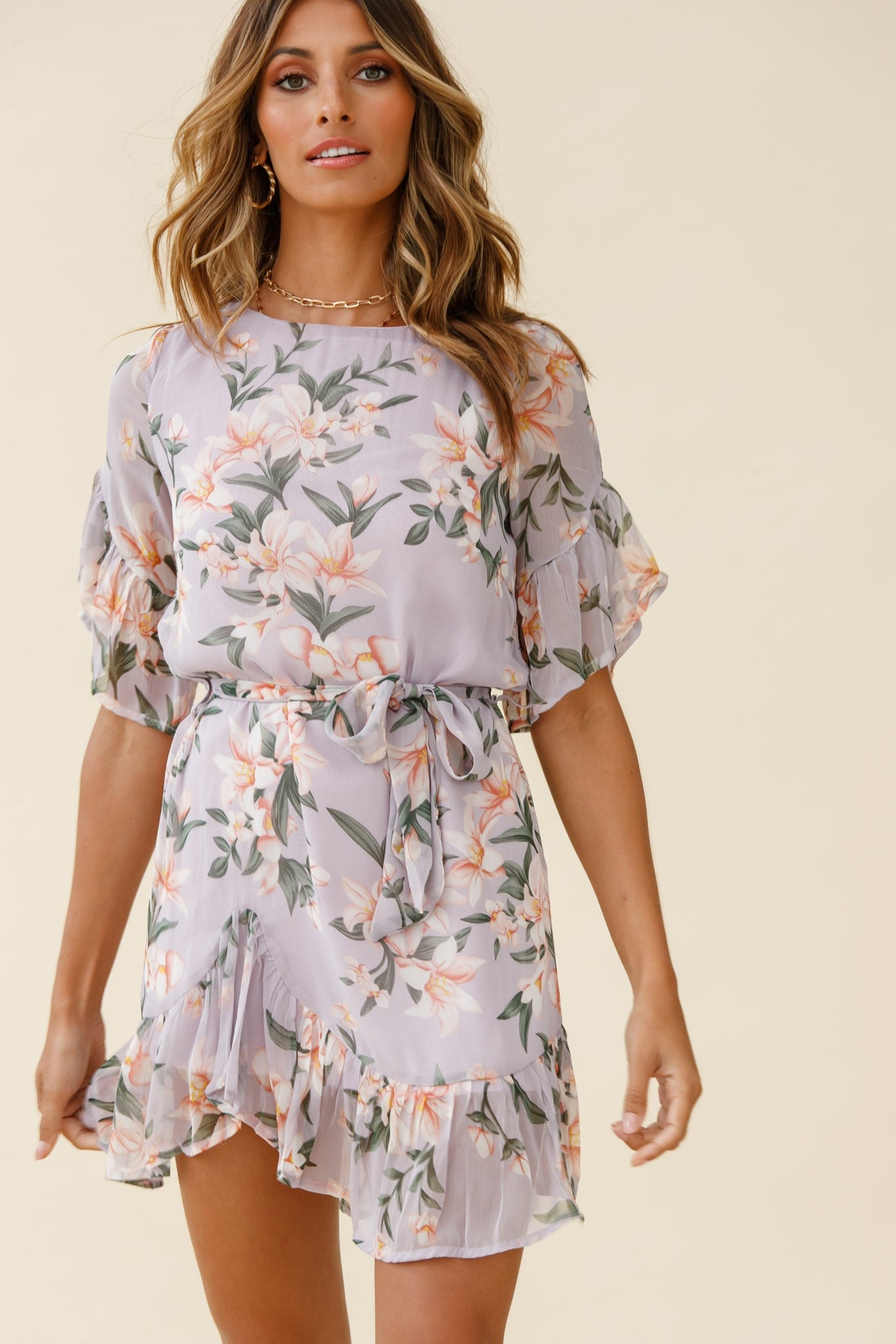 Azealia Ruffle Hem Dress Flower Print Purple by Selfie Leslie