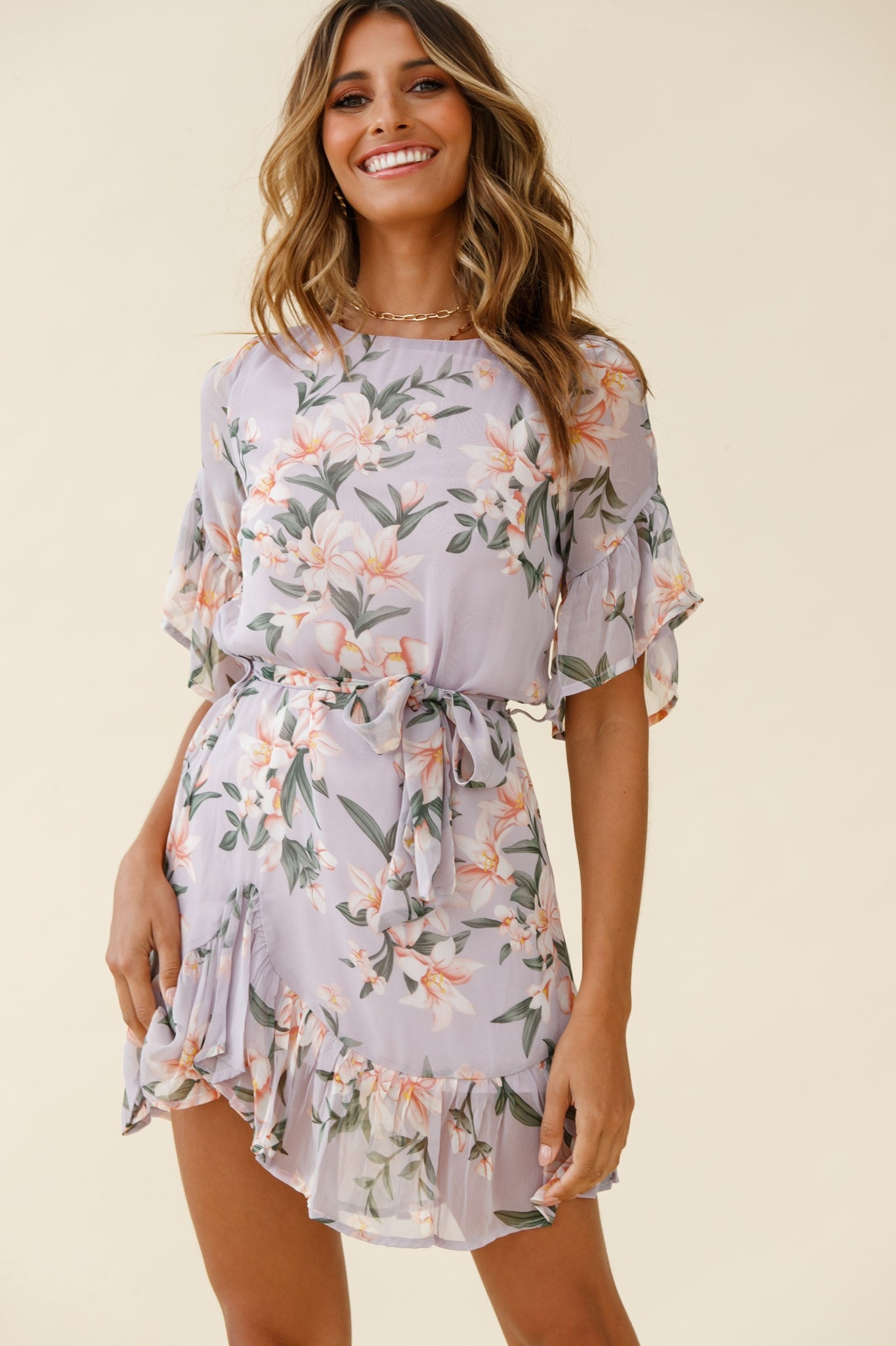 Azealia Ruffle Hem Dress Flower Print Purple by Selfie Leslie