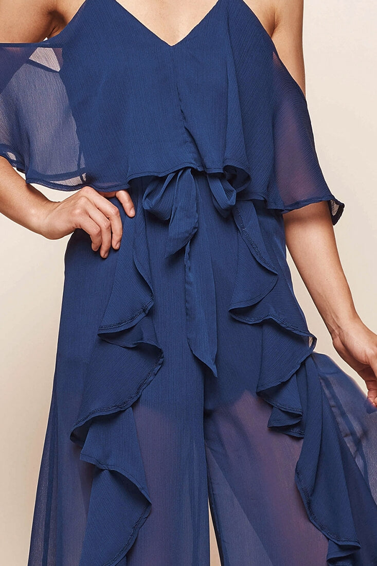 Constance Midi Ruffle Jumpsuit Navy by Selfie Leslie
