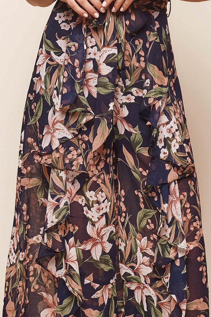 Constance Wide Leg Ruffle Pants Navy Print by Selfie Leslie