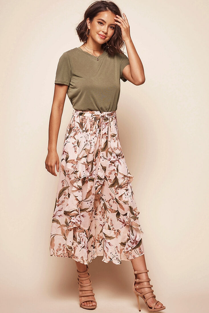 Constance Wide Leg Ruffle Pants Nude Print by Selfie Leslie