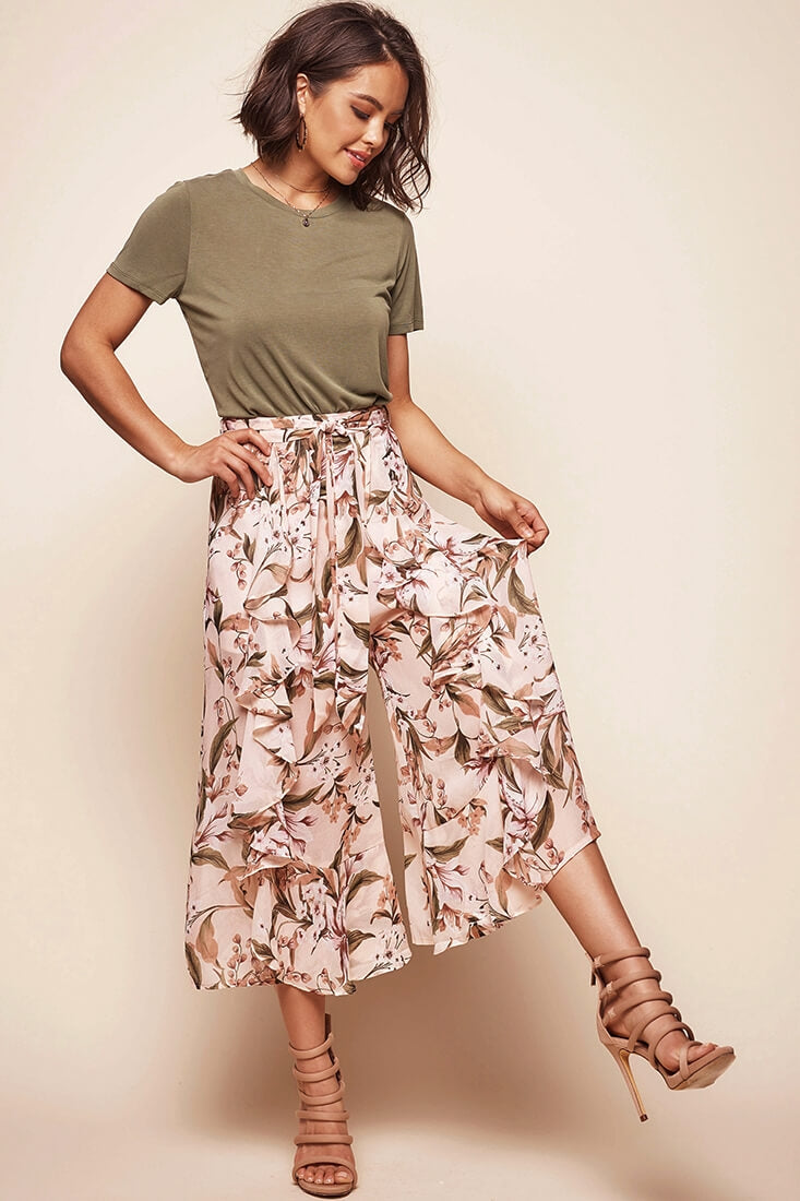 Constance Wide Leg Ruffle Pants Nude Print by Selfie Leslie