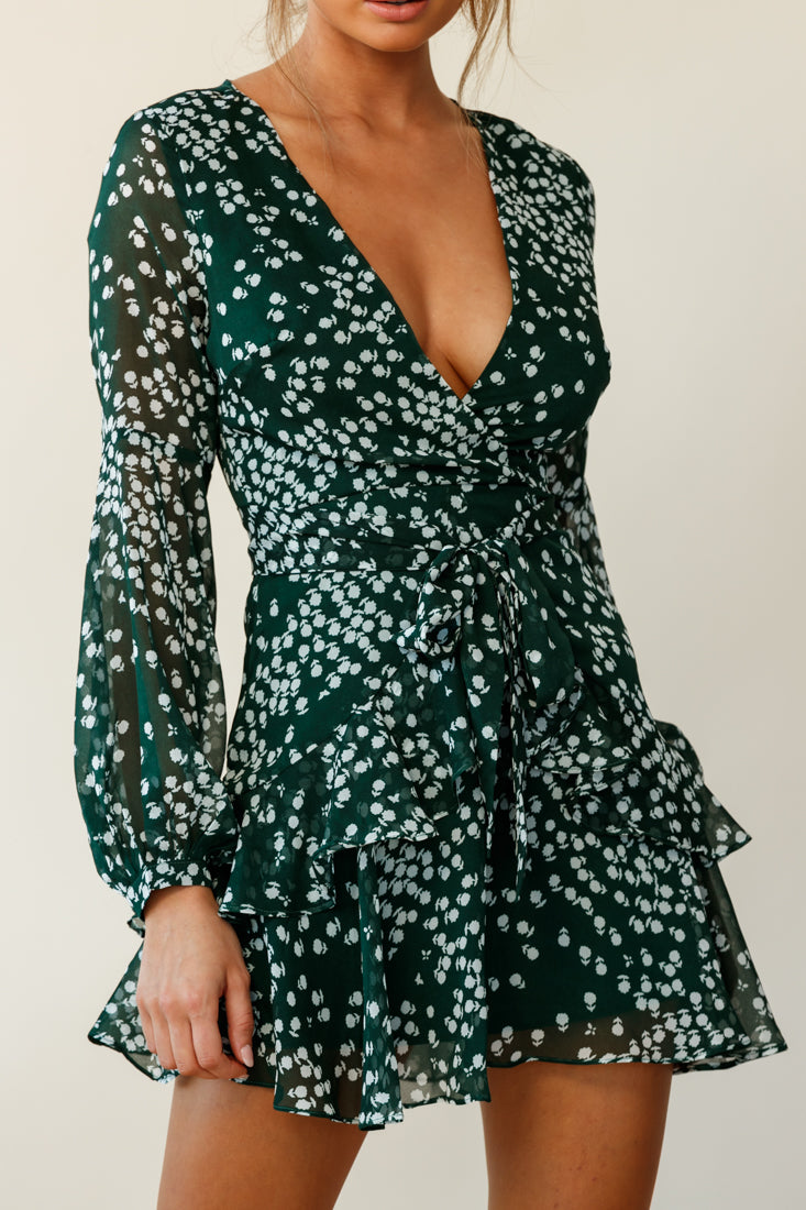 kerry layered balloon sleeve dress forest green red Kerry Layered Balloon Sleeve Dress Flower Print Forest Green