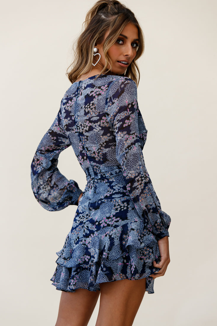 Kerry Layered Balloon Sleeve Dress Flower Pattern Navy by Selfie Leslie