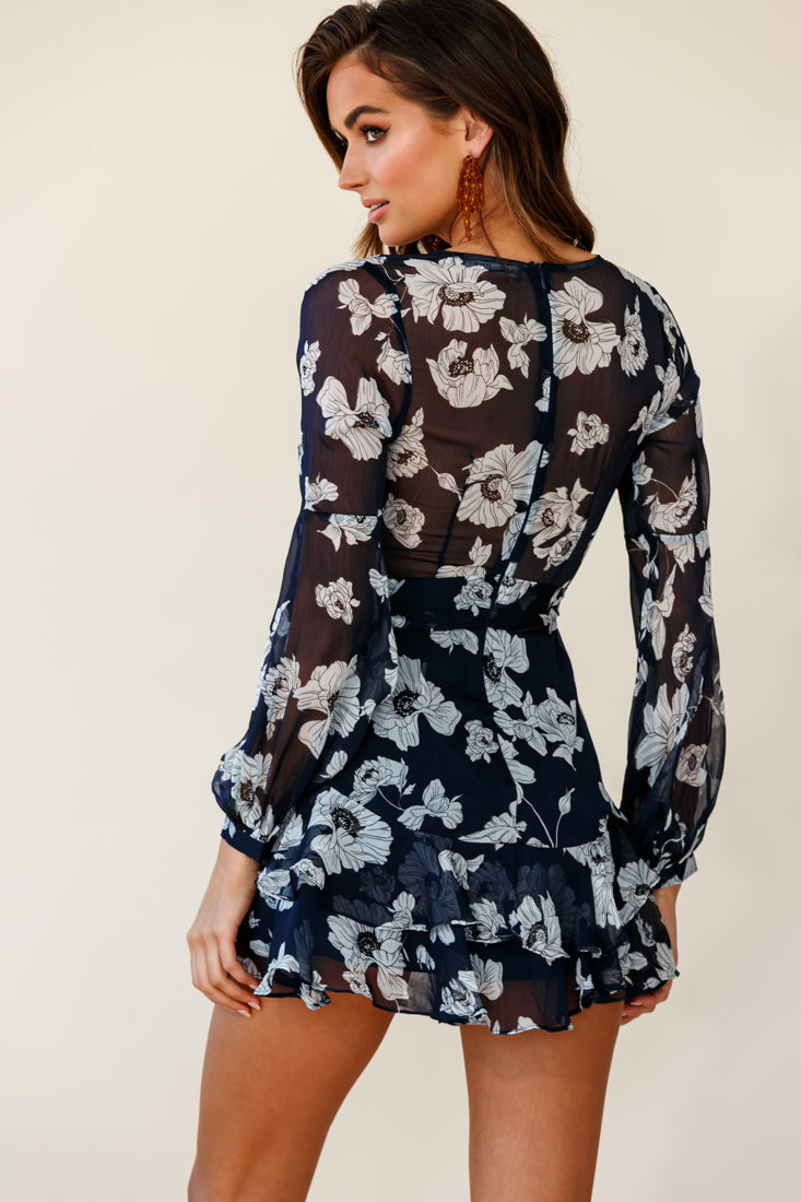 Kerry Layered Balloon Sleeve Dress Poppy Print Navy by Selfie Leslie