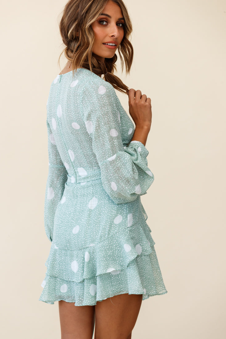 Kerry Layered Balloon Sleeve Dress Spot Print Green by Selfie Leslie