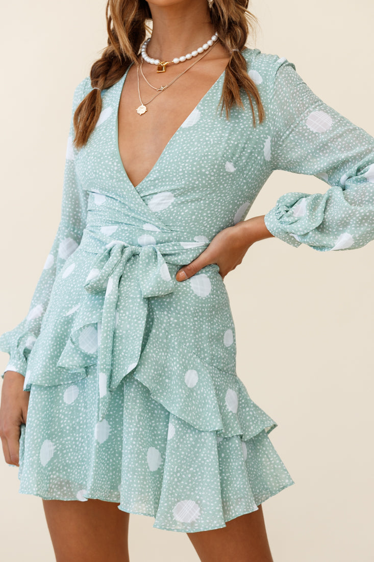 Kerry Layered Balloon Sleeve Dress Spot Print Green by Selfie Leslie