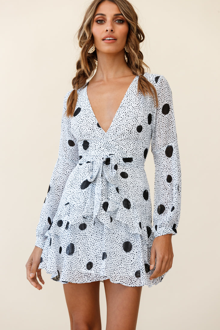Kerry Layered Balloon Sleeve Dress Black Spot Print White by Selfie Leslie
