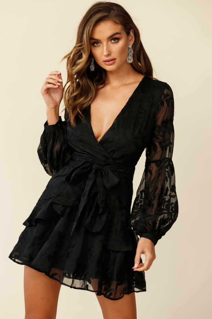 Shop the Kerry Layered Balloon Sleeve Dress Floral Embroidered Black ...