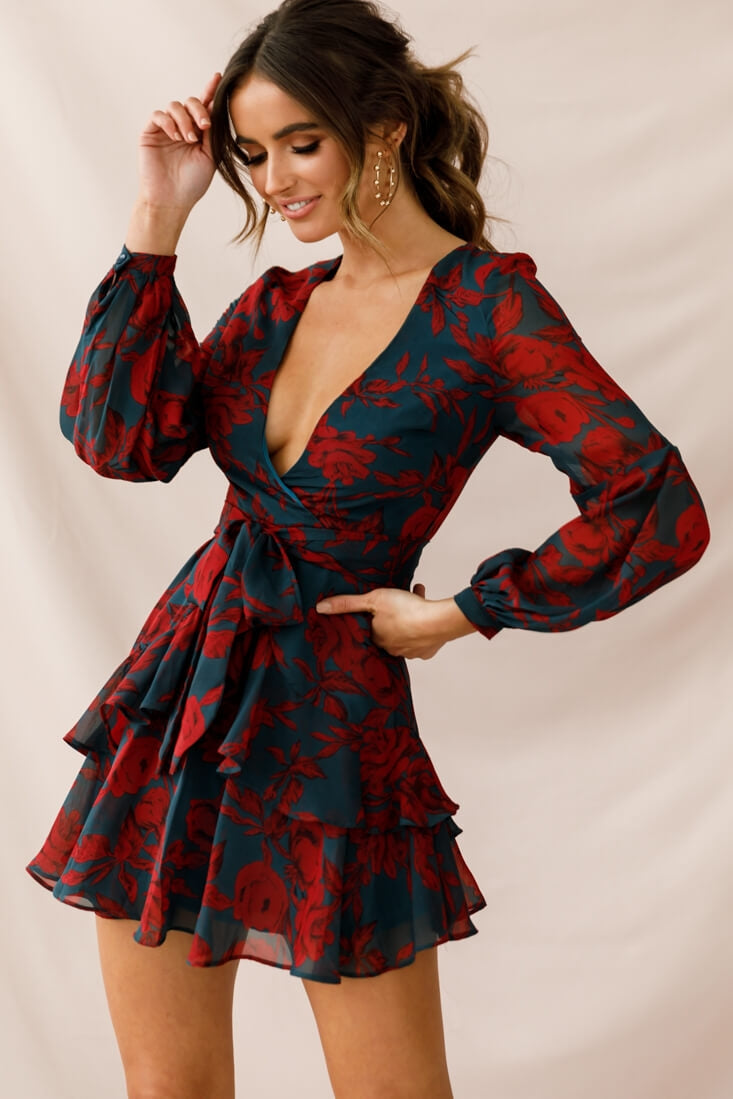 Kerry Layered Balloon Sleeve Dress Forest Green/Red by Selfie Leslie