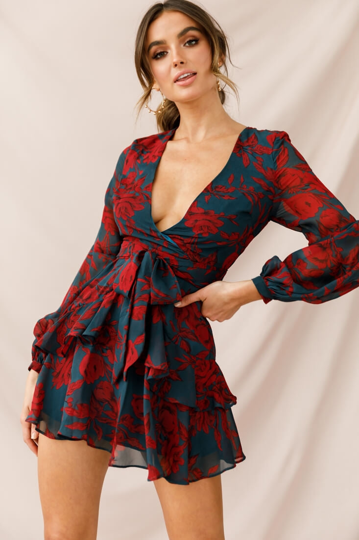 Kerry Layered Balloon Sleeve Dress Forest Green/Red by Selfie Leslie