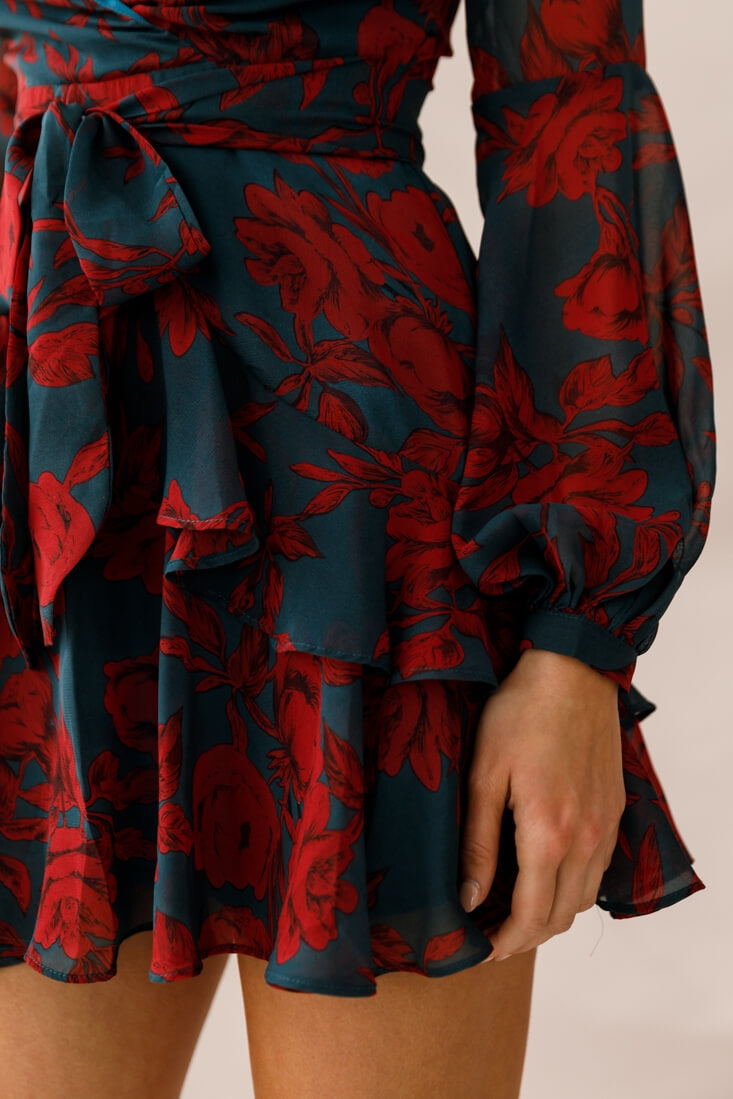Kerry Layered Balloon Sleeve Dress Forest Green/Red by Selfie Leslie