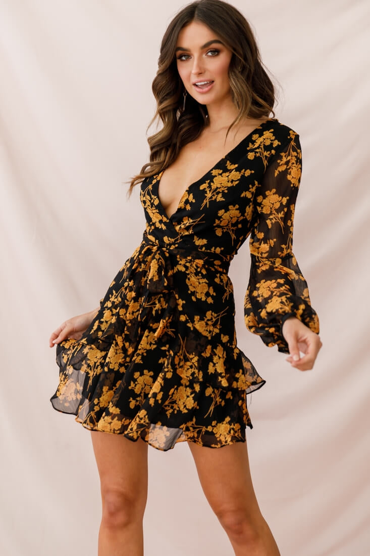 Kerry Layered Balloon Sleeve Dress Black/Orange by Selfie Leslie