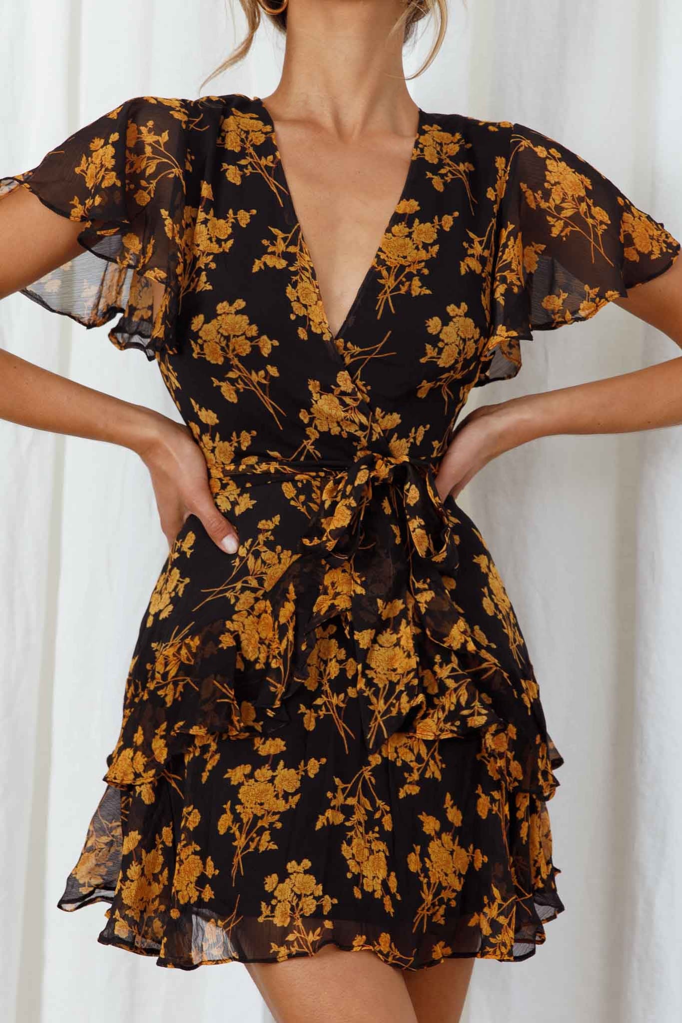 black and orange floral dress Mint Velvet Print Halter Midi | Size M | | Sleeveless Orange and black floral print dress in a midi silhouette featuring a halter V Sara Bloom Chiffon Maxi Dress