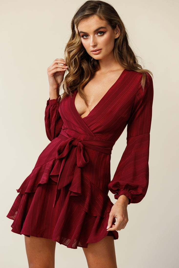 Kerry Layered Balloon Sleeve Dress Wine by Selfie Leslie