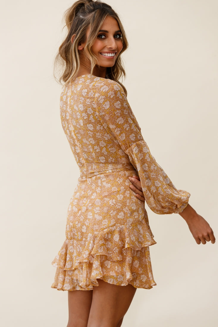Kerry Layered Balloon Sleeve Dress Floral Print Mustard by Selfie Leslie