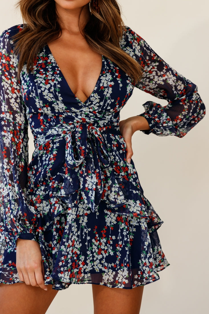 Kerry Layered Balloon Sleeve Dress Floral Vine Print Navy by Selfie Leslie