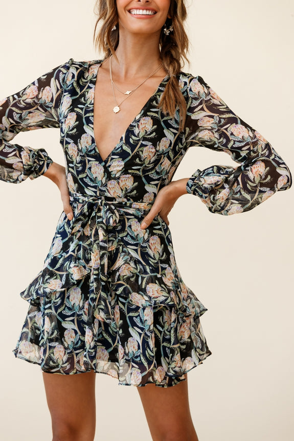 Kerry Layered Balloon Sleeve Dress Banksia Print Blue