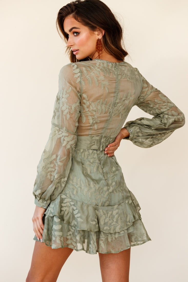 Kerry Layered Balloon Sleeve Dress Floral Embroidered Olive by Selfie Leslie