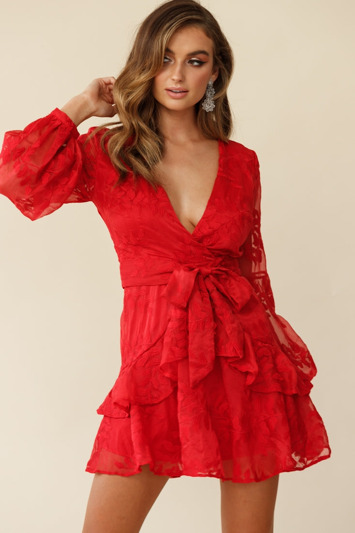 Kerry Layered Balloon Sleeve Dress Floral Embroidered Red by Selfie Leslie