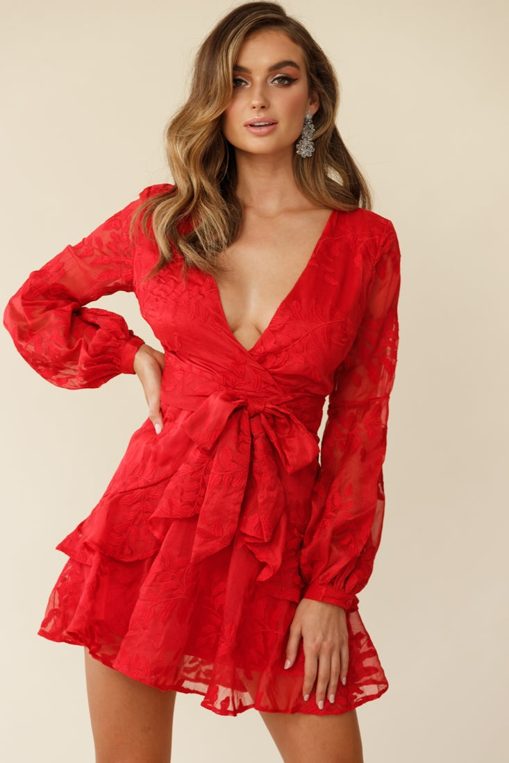 Kerry Layered Balloon Sleeve Dress Floral Embroidered Red by Selfie Leslie