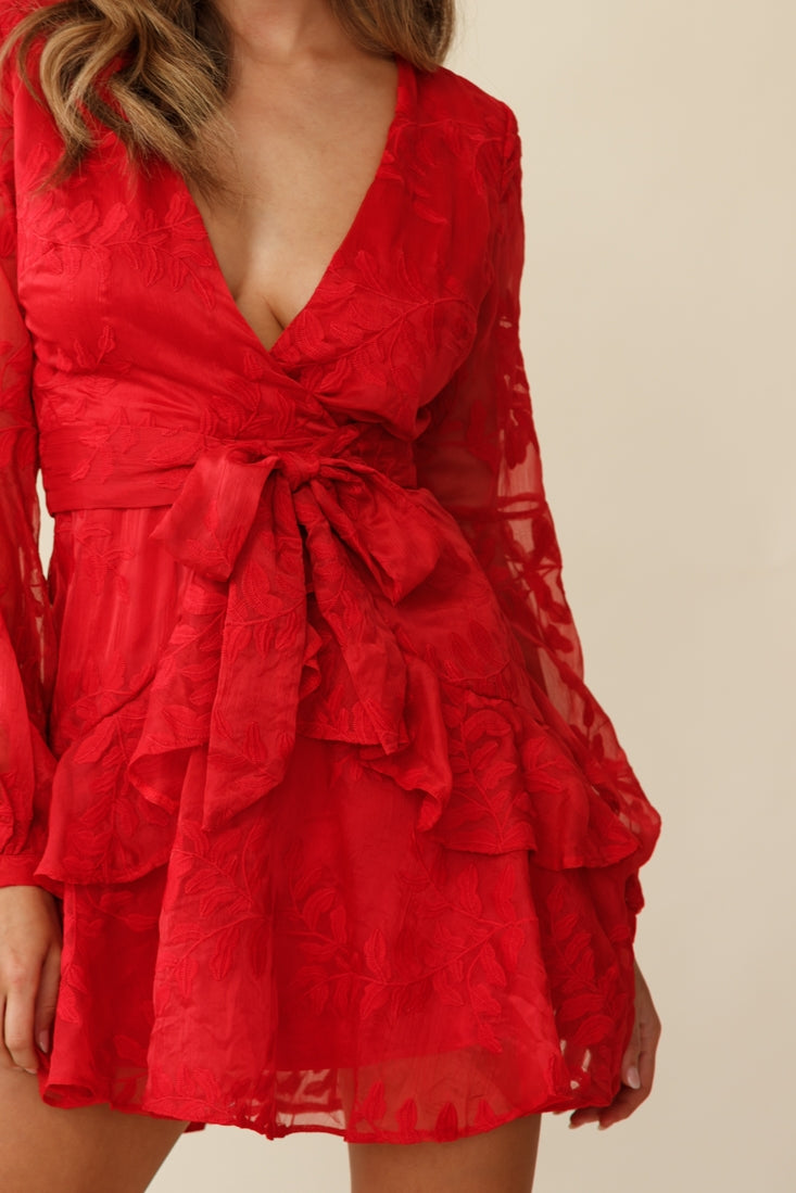 Kerry Layered Balloon Sleeve Dress Floral Embroidered Red by Selfie Leslie