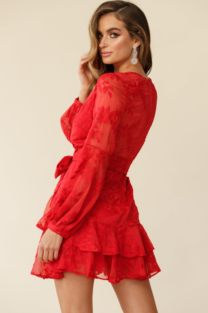 Kerry Layered Balloon Sleeve Dress Floral Embroidered Red by Selfie Leslie