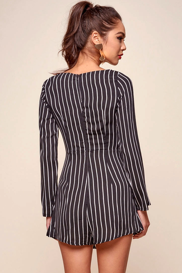 Abbey Waist Tie Pinstripe Romper Black & White by Selfie Leslie