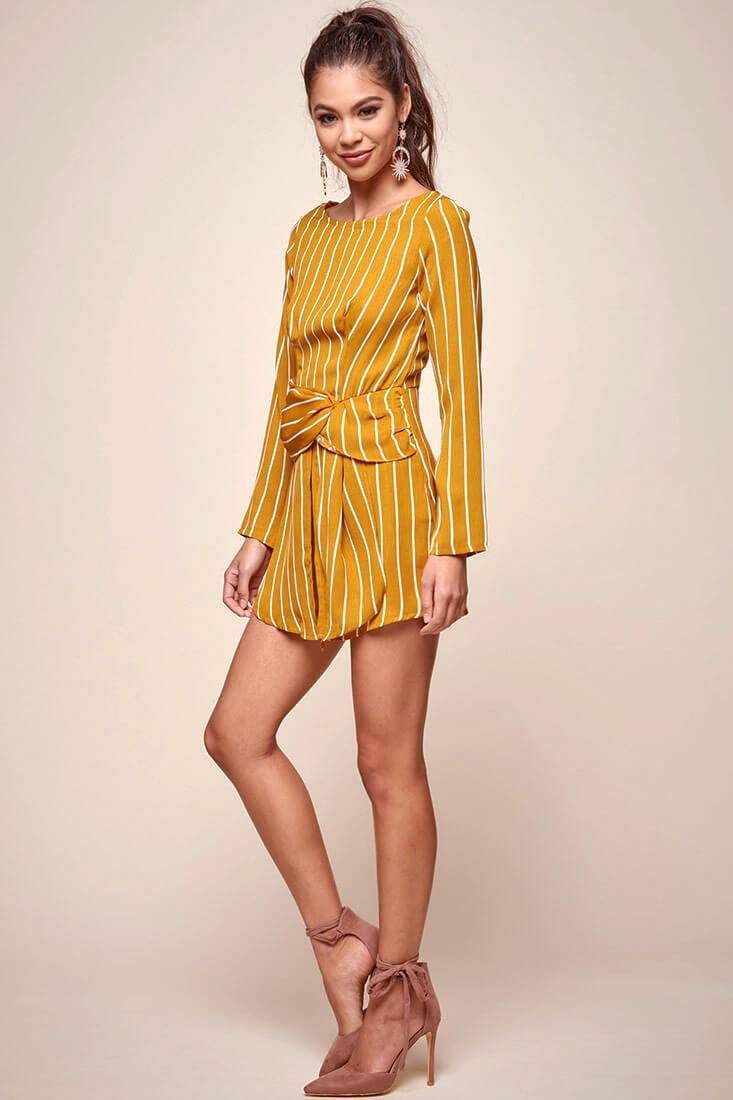 Abbey Waist Tie Pinstripe Romper Mustard & White by Selfie Leslie
