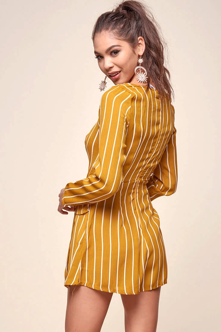 Abbey Waist Tie Pinstripe Romper Mustard & White by Selfie Leslie