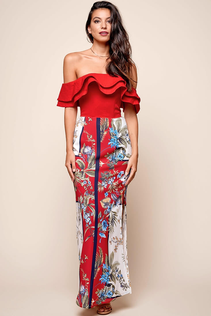 Paradise Side Split Maxi Skirt Red by Selfie Leslie
