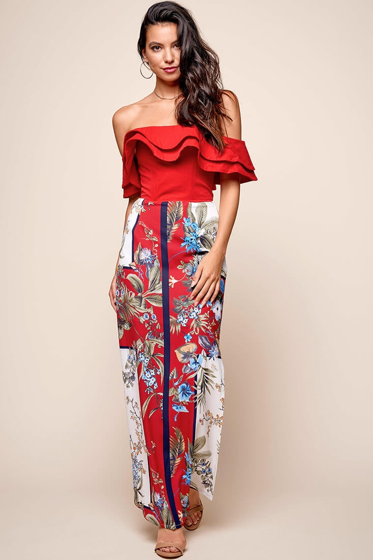 Missy Layered Ruffle Bardot Top Red by Selfie Leslie