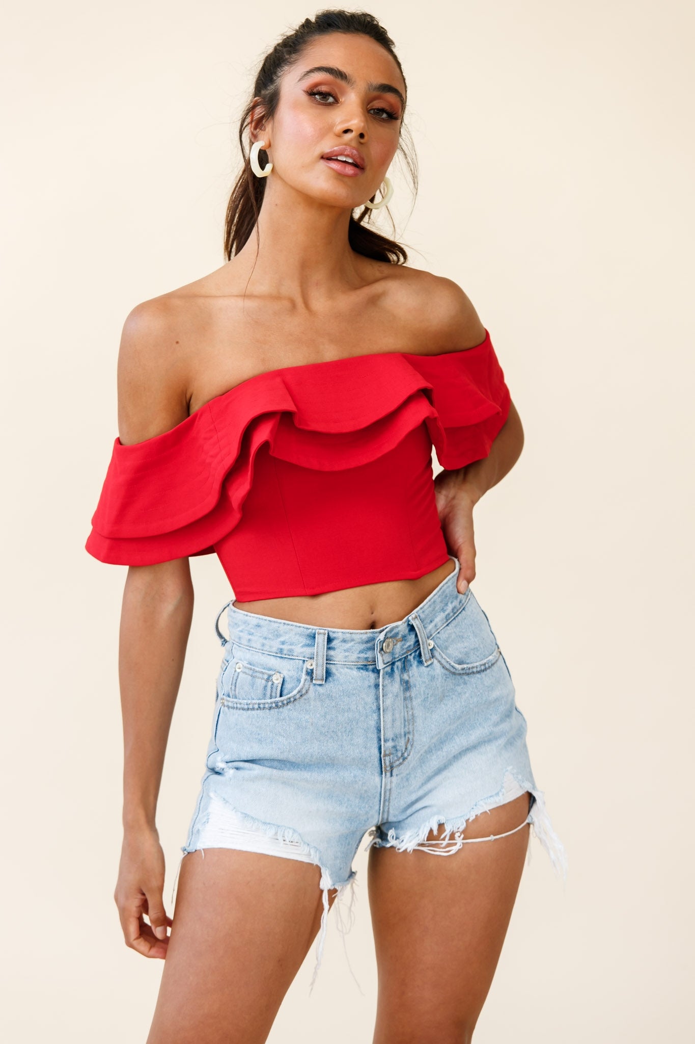 Missy Layered Ruffle Bardot Top Red by Selfie Leslie