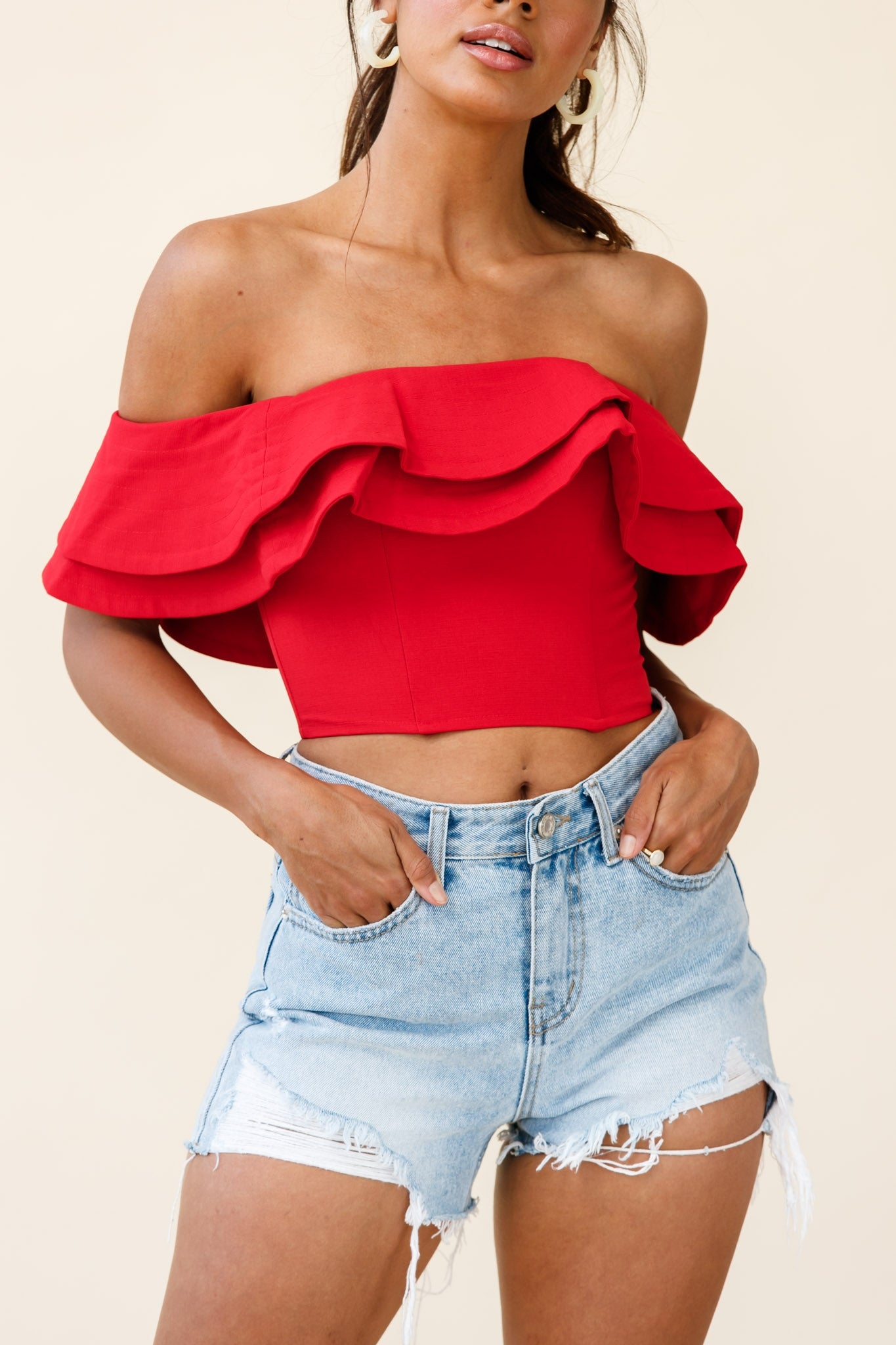 Missy Layered Ruffle Bardot Top Red by Selfie Leslie