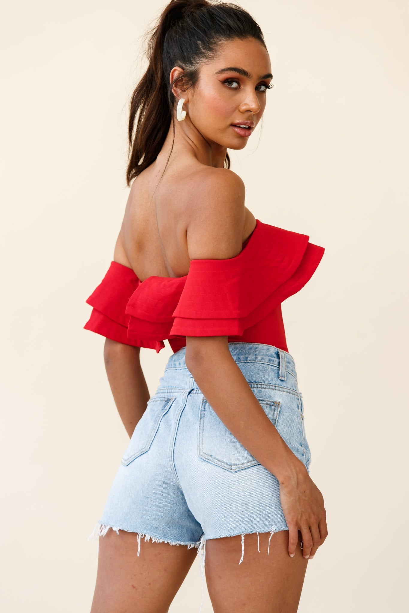 Missy Layered Ruffle Bardot Top Red by Selfie Leslie