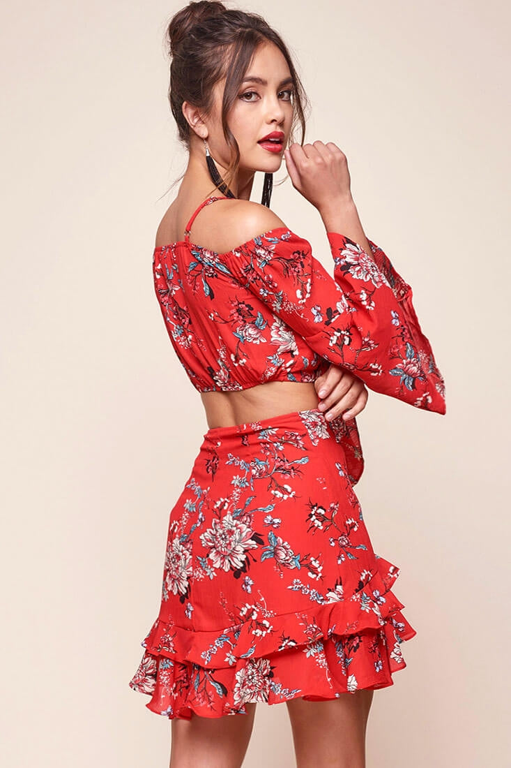 Bellisario Floral Ruffle Caribbean Skirt Red by Selfie Leslie