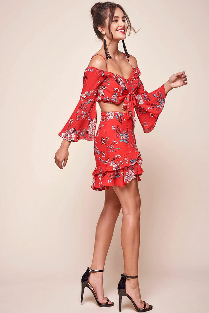 Bellisario Floral Ruffle Caribbean Skirt Red by Selfie Leslie