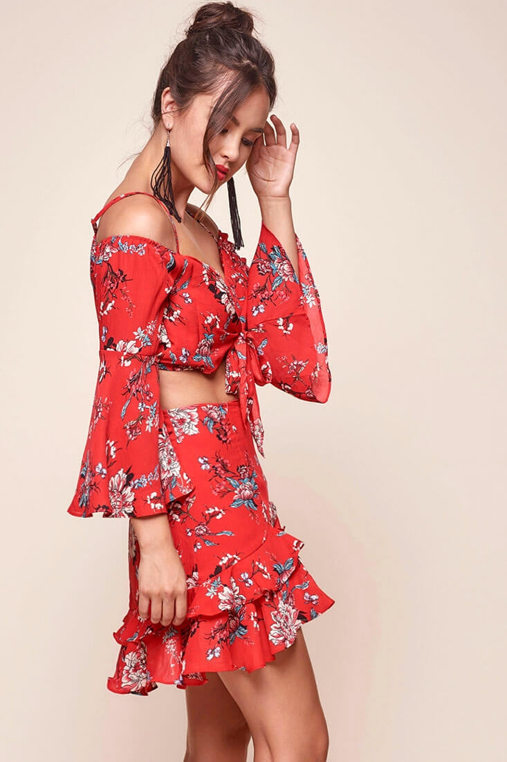Bellisario Floral Ruffle Caribbean Skirt Red by Selfie Leslie