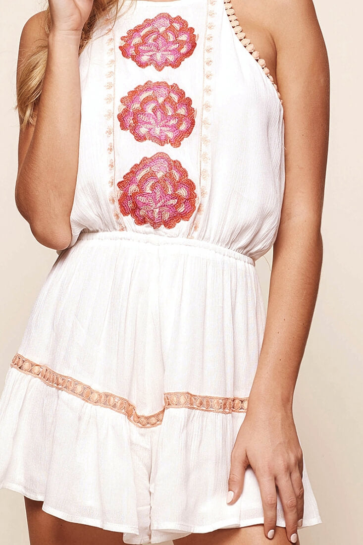 Carnation Embroidered Tie Back Romper White by Selfie Leslie