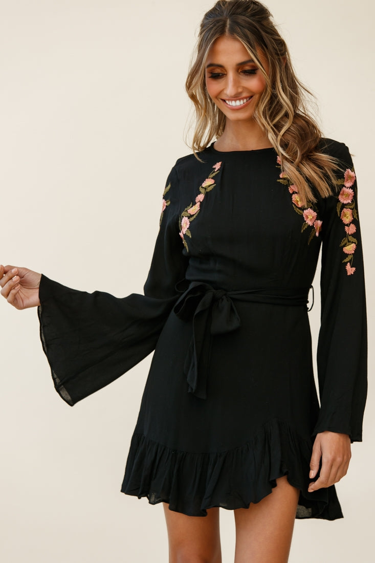 Yara Floral Embellished Fit and Flare Dress Black by Selfie Leslie