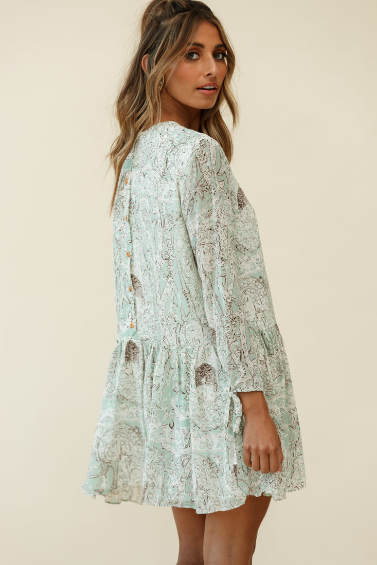 Mina Long Sleeve Button Back Shift Dress Ornate Print Green by Selfie Leslie