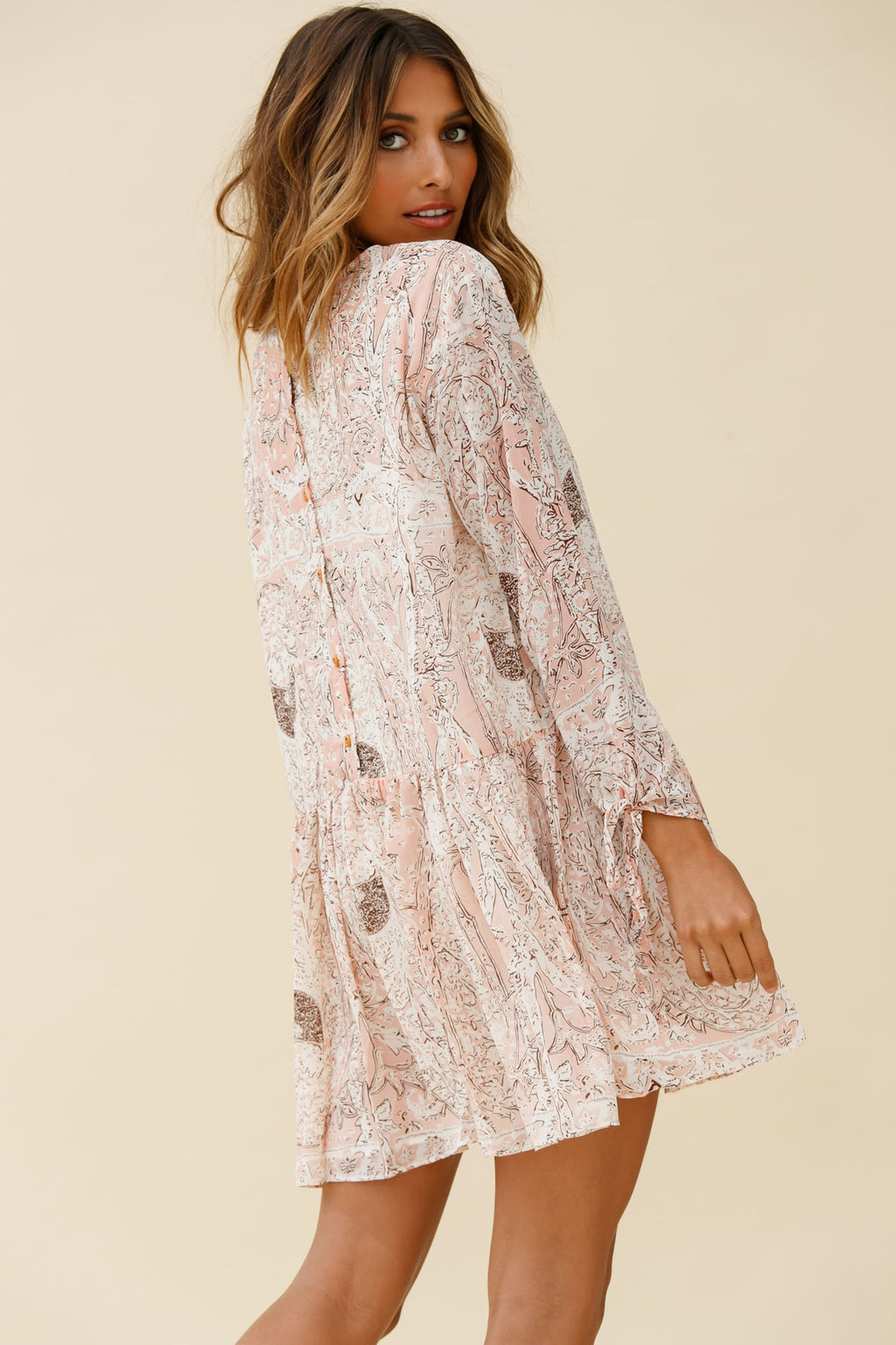 Mina Long Sleeve Button Back Shift Dress Ornate Print Pink by Selfie Leslie