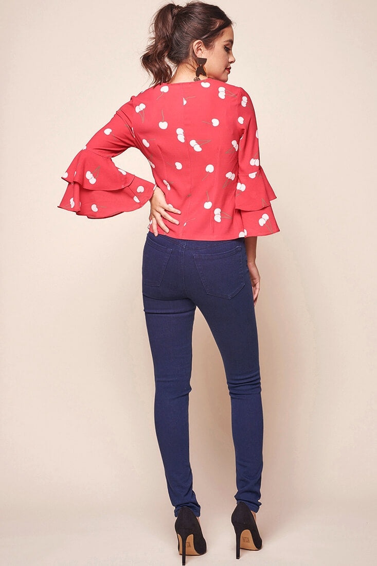Robbi Cherry on Top Deep V Bell Sleeved Top Red by Selfie Leslie