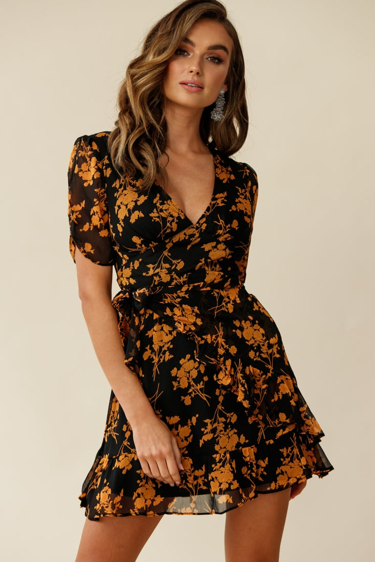 Wonderland Wrap Front Tea Dress Floral Print Black/Mustard by Selfie Leslie