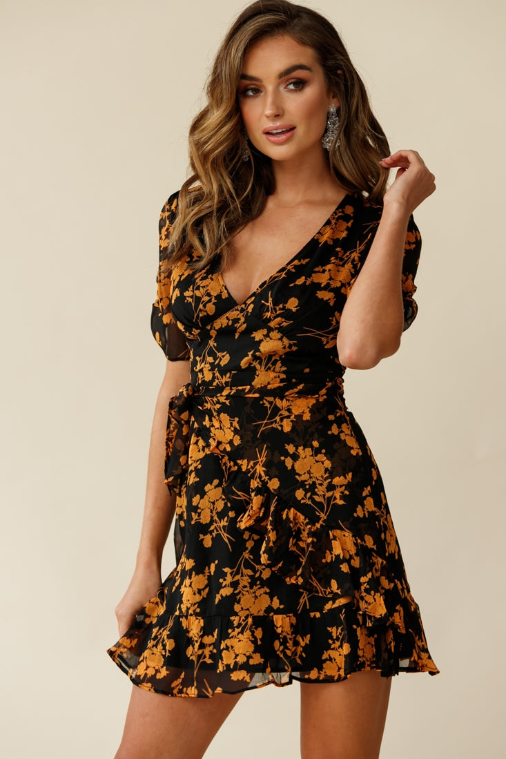 Wonderland Wrap Front Tea Dress Floral Print Black/Mustard by Selfie Leslie