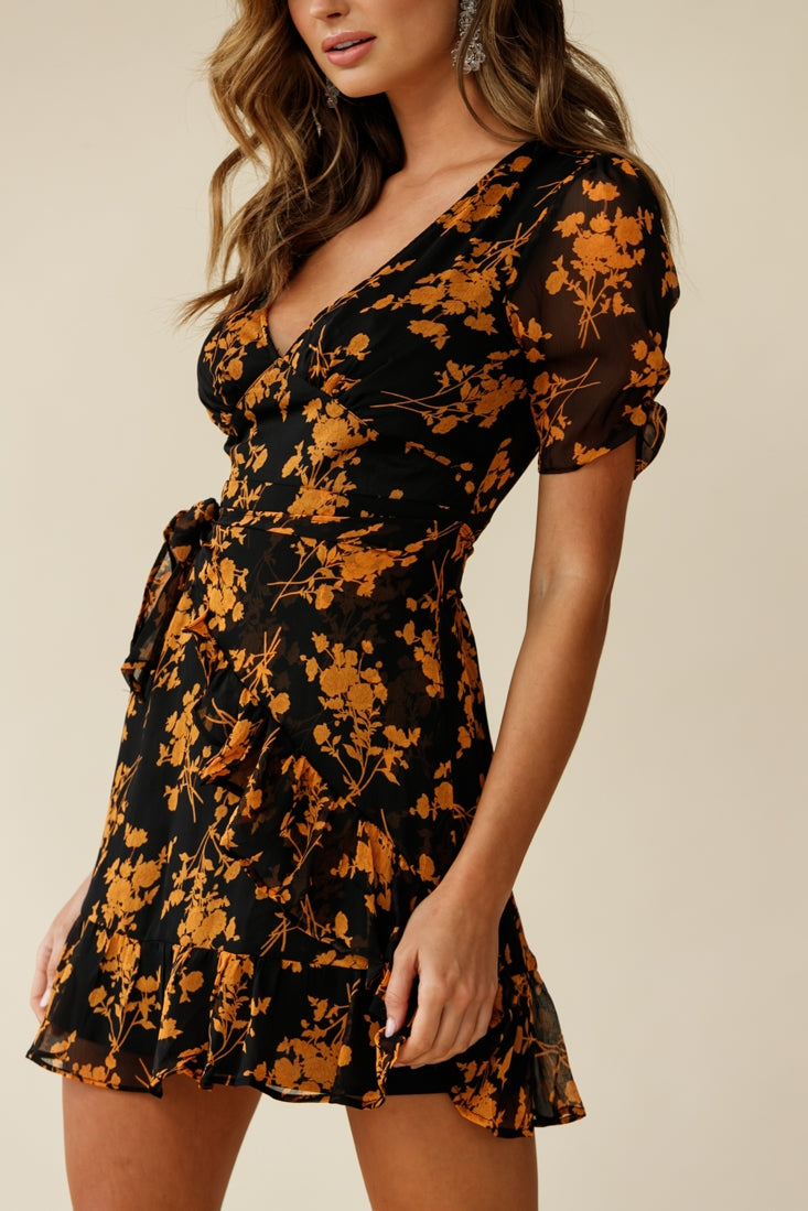 Wonderland Wrap Front Tea Dress Floral Print Black/Mustard by Selfie Leslie