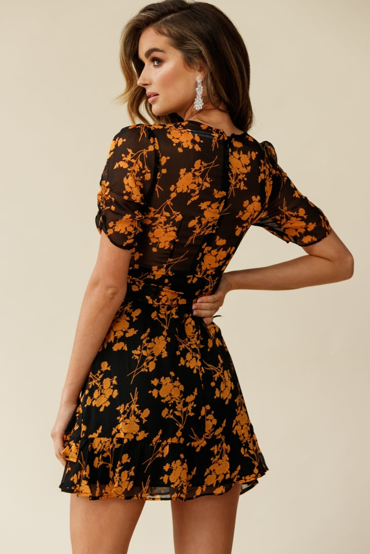 Wonderland Wrap Front Tea Dress Floral Print Black/Mustard by Selfie Leslie