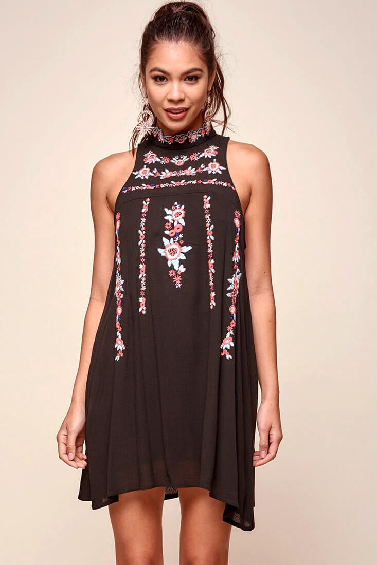 Shonda Floral Embroidered Detail Mid-Length Dress Black by Selfie Leslie